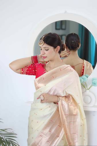 cream paithani silk blend zari motifs saree with contrast blouse