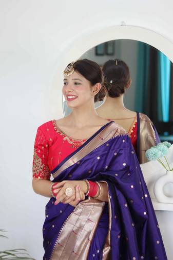 violet paithani silk blend zari motifs saree with contrast blouse