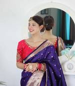 violet paithani silk blend zari motifs saree with contrast blouse