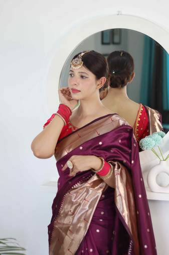wine paithani silk blend zari motifs saree with contrast blouse