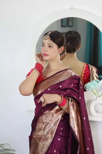 wine paithani silk blend zari motifs saree with contrast blouse