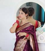 wine paithani silk blend zari motifs saree with contrast blouse