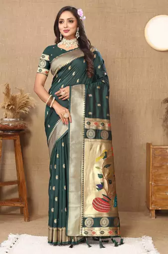 dark green paithani silk blend zari motifs saree with contrast blouse