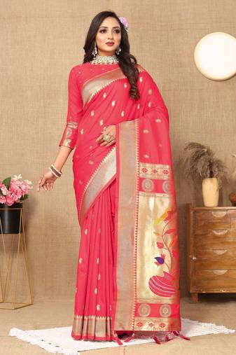 pink paithani silk blend zari motifs saree with contrast blouse