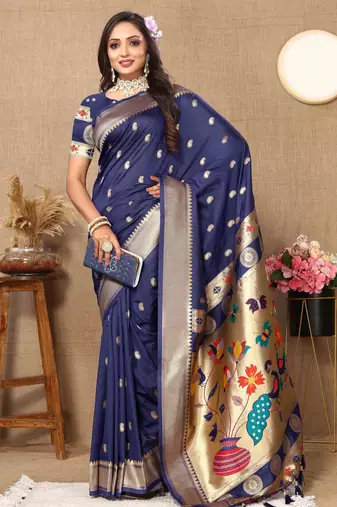 navy blue paithani silk blend zari motifs saree with contrast blouse