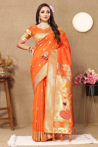 orange paithani silk blend zari motifs saree with contrast blouse
