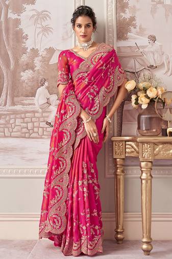 Rani pink tissue heavy thread embroidery, zari with sequins work saree with blouse