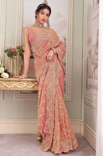 Pink tissue thread embroidery zari sequins work saree with blouse