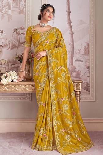 Mustard tissue thread embroidery zari sequins work saree with blouse