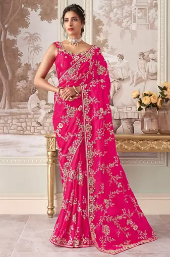 Rani pink organza thread embroidery zari sequins work saree with blouse