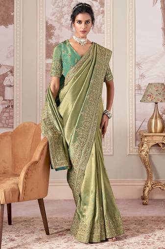 Light green jacquard woven thread zari embroidered saree with blouse