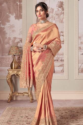 Peach jacquard woven thread zari embroidered saree with blouse