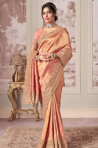 Peach jacquard woven thread zari embroidered saree with blouse