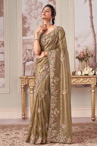 Beige rayna silk blend thread embroidery zari sequins work saree with blouse