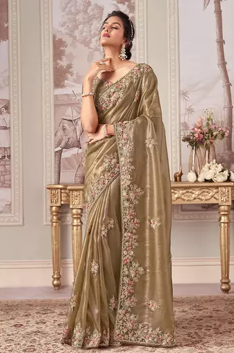 Beige rayna silk blend thread embroidery zari sequins work saree with blouse