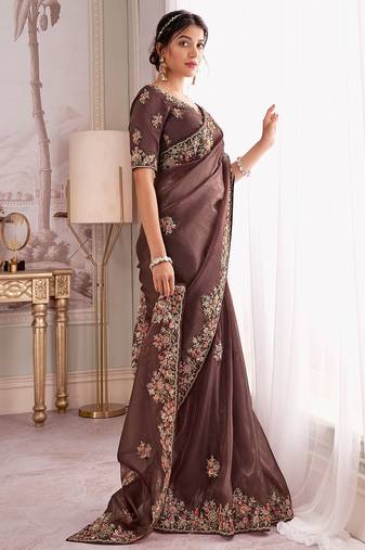 Brown rayna silk blend thread embroidery zari sequins work saree with blouse