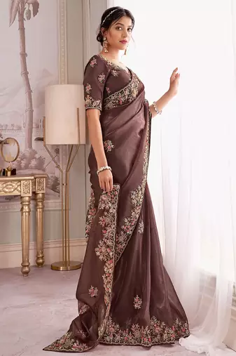 Brown rayna silk blend thread embroidery zari sequins work saree with blouse