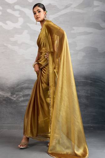 Golden burberry beads cutdana lace-work chiffon saree with blouse