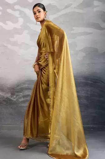 Golden burberry beads cutdana lace-work chiffon saree with blouse