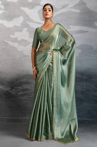 Mehendi burberry beads cutdana lace-work chiffon saree with blouse