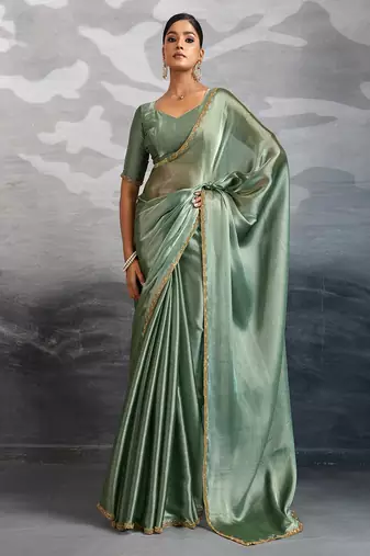 Mehendi burberry beads cutdana lace-work chiffon saree with blouse