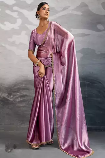 Onion pink burberry beads cutdana lace-work chiffon saree with blouse