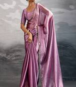 Onion pink burberry beads cutdana lace-work chiffon saree with blouse