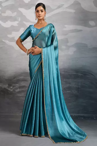 Blue burberry beads cutdana lace-work chiffon saree with blouse