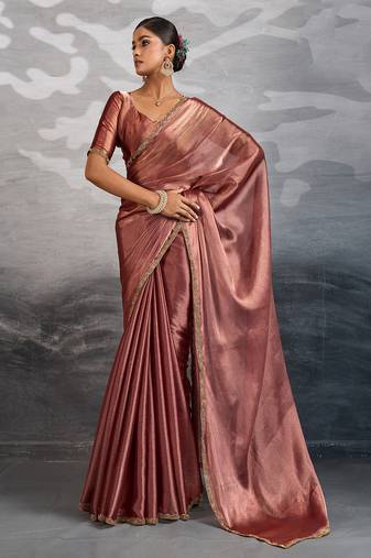 Copper burberry beads cutdana lace-work chiffon saree with blouse