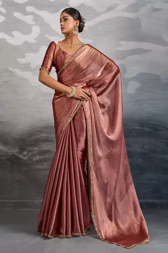 Copper burberry beads cutdana lace-work chiffon saree with blouse
