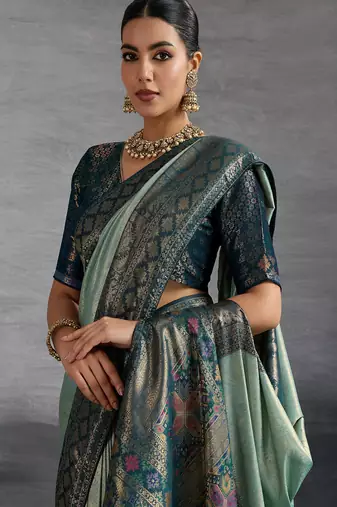 sea green kanjivaram double zari woven saree with meenakari pallu and blouse
