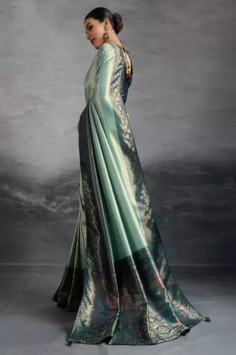 sea green kanjivaram double zari woven saree with meenakari pallu and blouse
