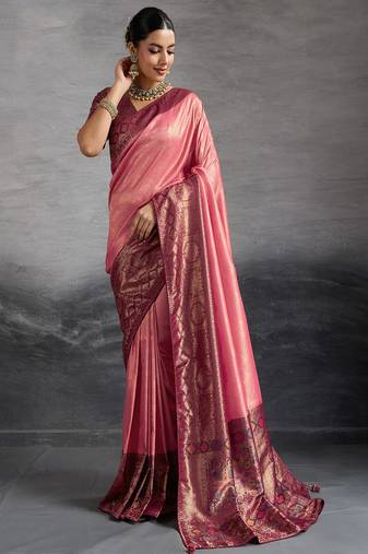 Pink kanjivaram double zari woven saree with meenakari pallu and blouse