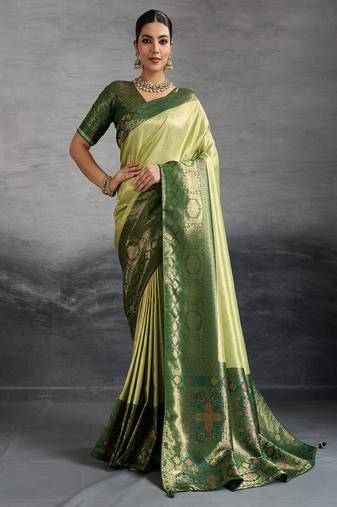 Pista green kanjivaram double zari woven saree with meenakari pallu and blouse