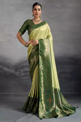 Pista green kanjivaram double zari woven saree with meenakari pallu and blouse