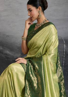 pista green kanjivaram double zari woven saree with meenakari pallu and blouse 2