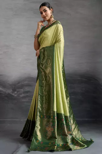 pista green kanjivaram double zari woven saree with meenakari pallu and blouse