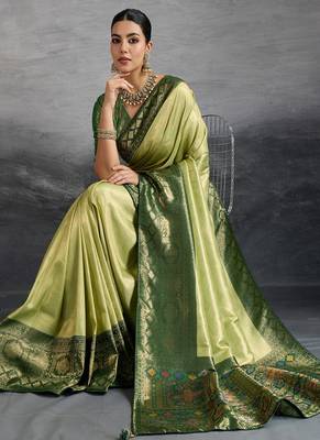 pista green kanjivaram double zari woven saree with meenakari pallu and blouse 4