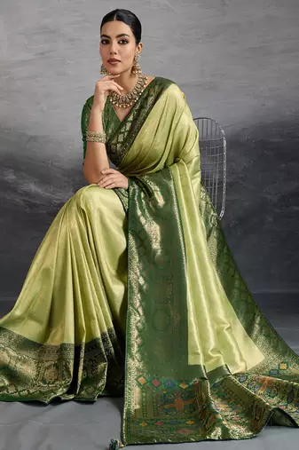 pista green kanjivaram double zari woven saree with meenakari pallu and blouse