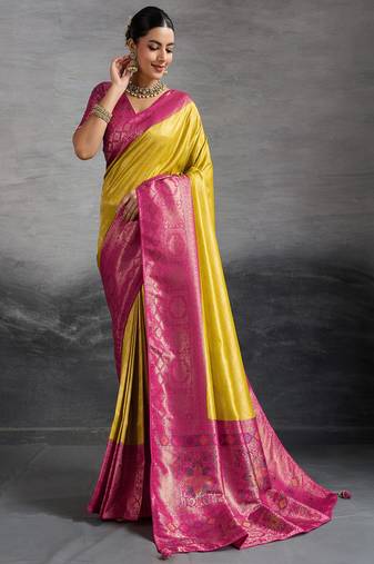 Mustard kanjivaram double zari woven saree with meenakari pallu and blouse