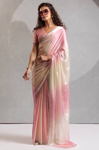 Pink & cream satin beads border hand work saree with blouse