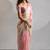 Pink & cream satin beads border hand work saree with blouse