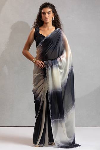 Black & cream satin beads border hand work saree with blouse