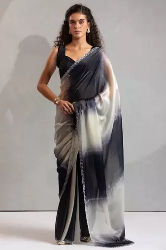 Black & cream satin beads border hand work saree with blouse