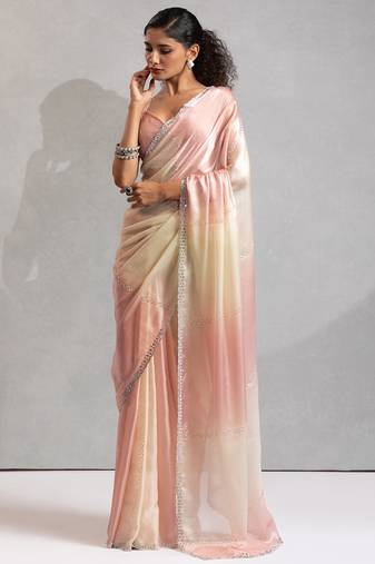 Baby pink & cream satin beads border hand work saree with blouse