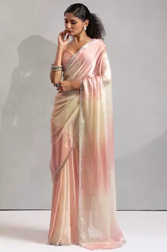 Baby pink & cream satin beads border hand work saree with blouse