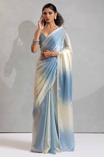 Sky blue & cream satin beads border hand work saree with blouse