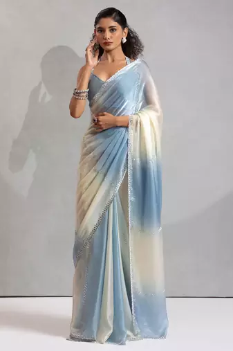 Sky blue & cream satin beads border hand work saree with blouse