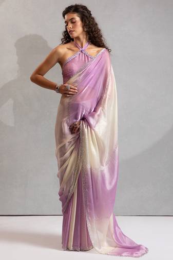 Lavender & cream satin beads border hand work saree with blouse