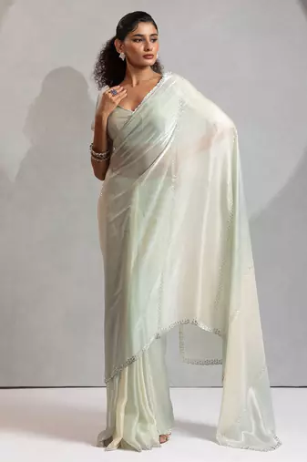 Pista & cream satin beads border hand work saree with blouse